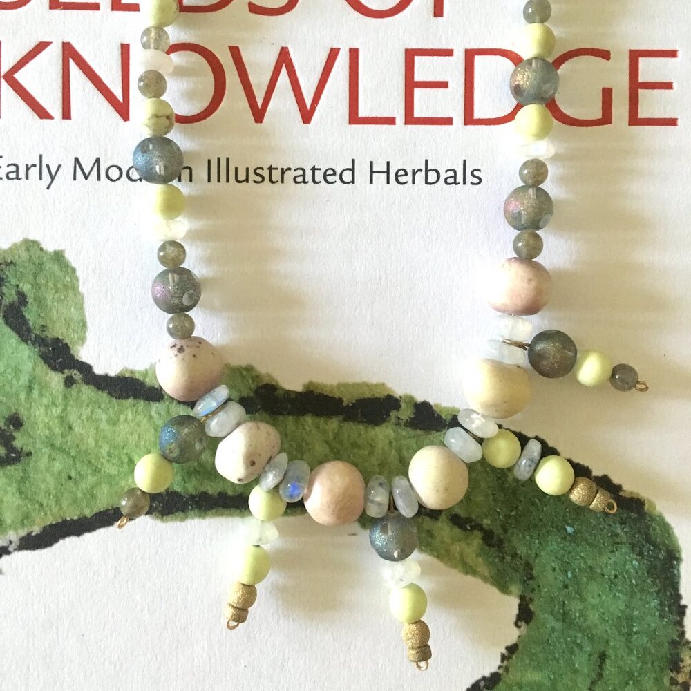 Handmade necklace with lemon chrysoprase, labradorite, moonstone, and goldfill